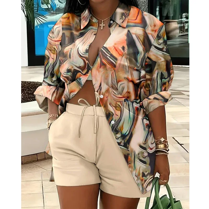Ensemble deux pièces imprimé à rayures colorées pour femmes, tenue d\'été décontractée, chemise boutonnée à manches longues, short, mode