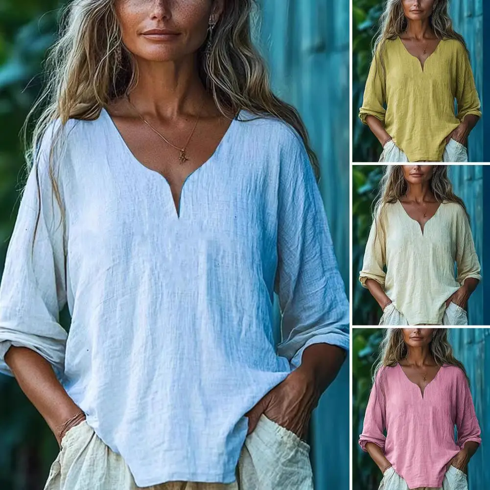 

Women Tops Soft Breathable Loose Fit Blouse Three-Quarter Sleeve V-Neck Casual Summer Shirt