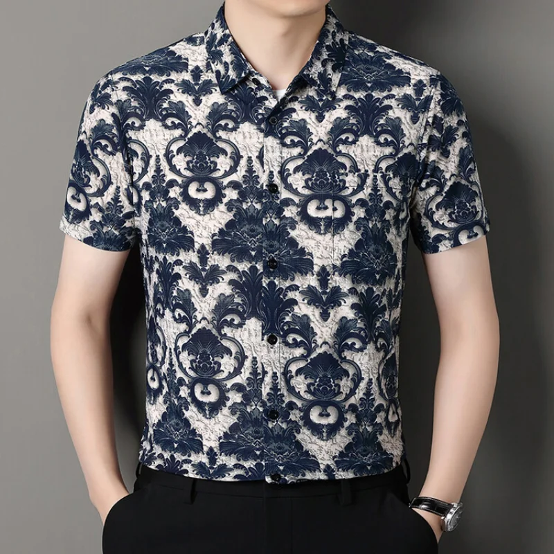 Summer Men\'s High-end Ice Silk Short Sleeved Floral Shirt Fashion Trend Casual Short Sleeved Shirt