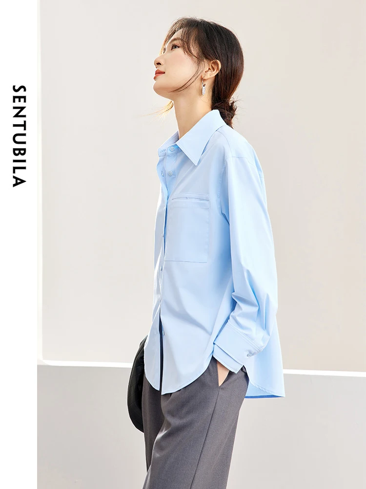 SENTUBILA Simple Loose Button Up Long Sleeve Tops Blouse 2024 Spring Solid Casual Polo Collar Shirt Women Clothing 141C53199