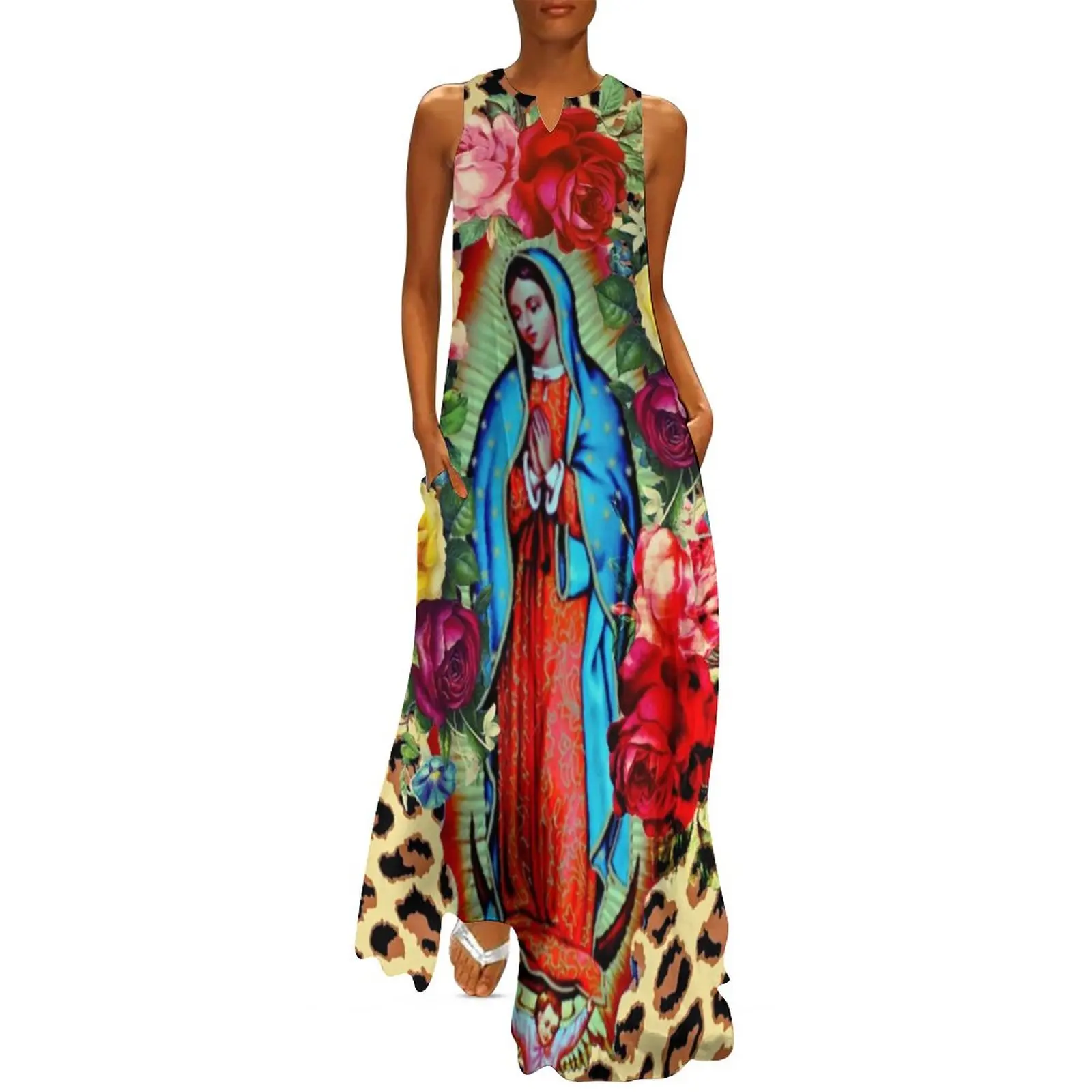 Guadalupe Virgin Mary Dress stampa floreale Vintage Maxi Dress con scollo a V modello Boho Beach abiti lunghi Fashion Big Size Vestido