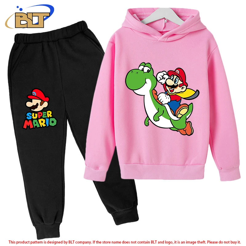 Mario children's fleece hoodie set pink sports sweatshirt pants two-piece set suitable for boys and girls