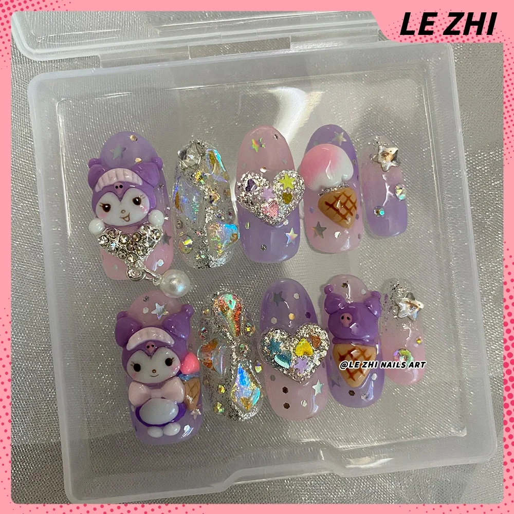 Short Almond Press On Nails Handwork Diy Doll Hello Kitty Cinnamoroll Mymelody Kuromi Pochacco Cute Nails Art Party Stickers