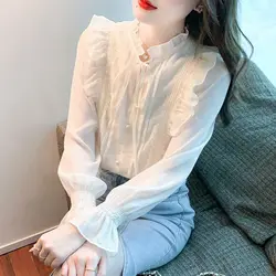 Fashion Woman Blouses 2023 Stand Collar Long Sleeve Spring Autumn Loose Solid Color Elegant Casual Bow Spliced Flare Sleeve Top