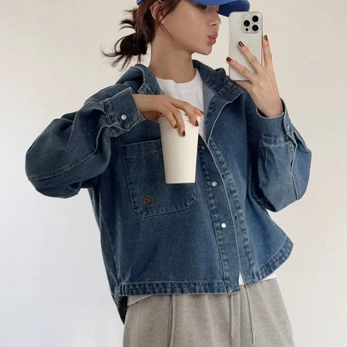 Short Casual Hooded Denim Jacket Women's Spring Autumn Versatile Loose Fit Long Front Short Back Top Button Closure