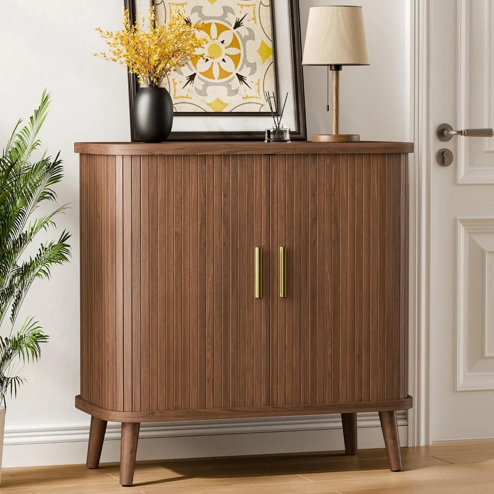 Lulive Walnut Buffet Cabinet, Sideboard Buffet Storage Cabinet for Kitchen | Rolling & Sliding Doors, Bar Cabinet for Dining Room, Adjustable Shelves, Wooden Legs