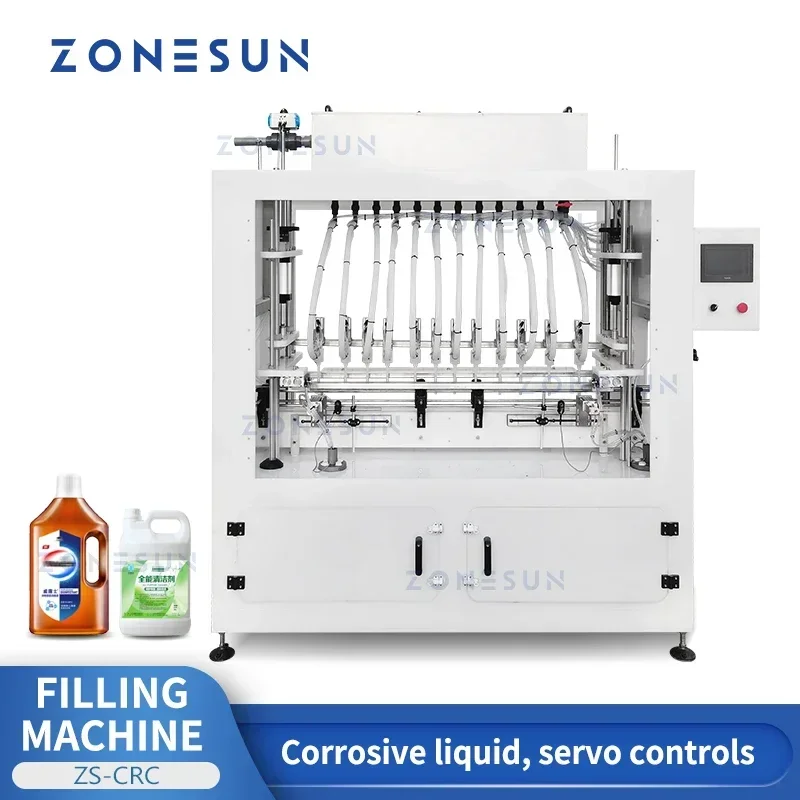 ZONESUN ZS-CRC ماكينة تعبئة السوائل المسننة الأوتوماتيكية 12 رأس مطهر حمض القلويات المطهر حشو زجاجة التبييض