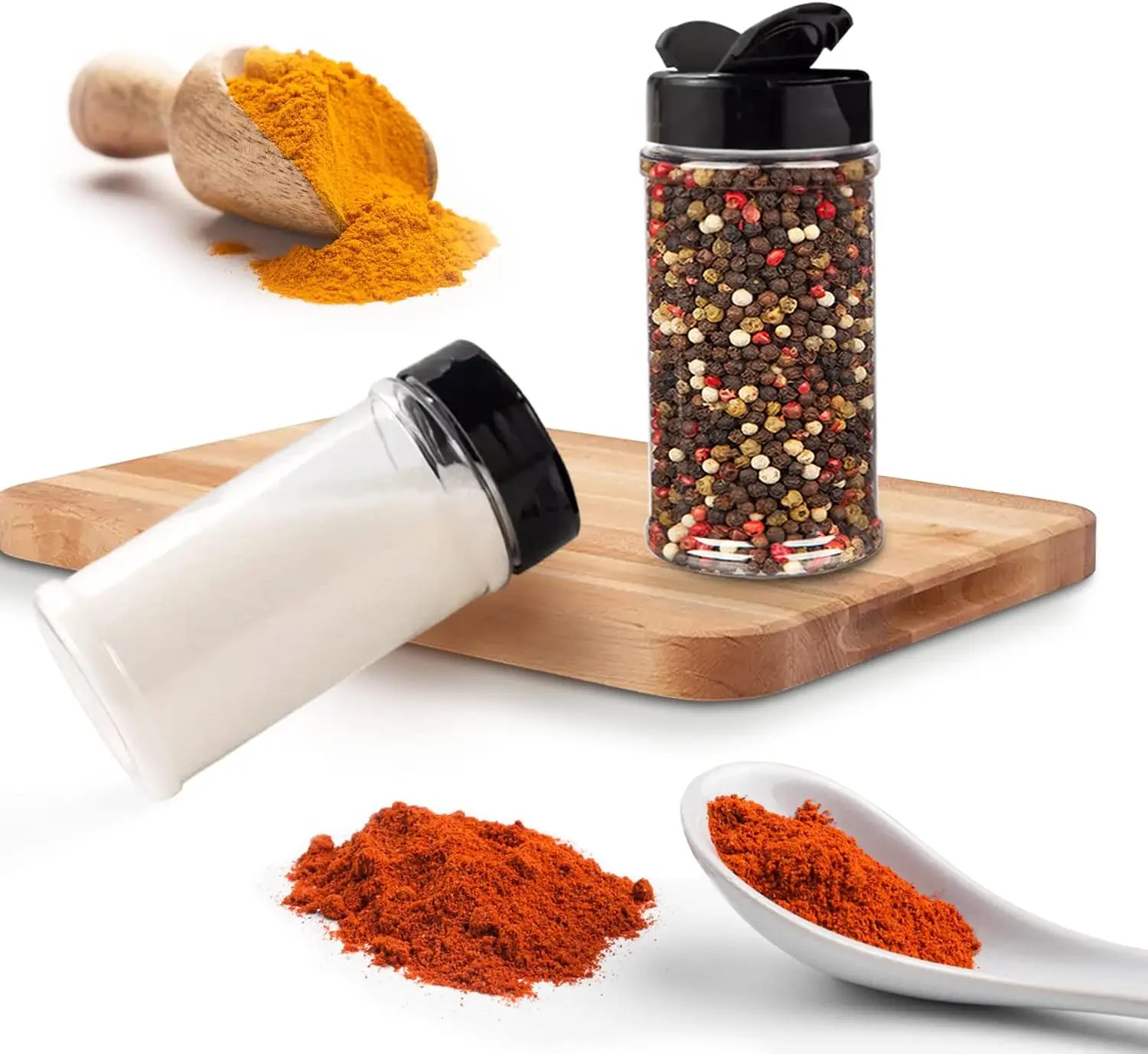 6 Pack 8oz Plastic Spice Jars with Black Cap and Shaker Lids for Storing Spice, Herbs and Seasoning Powders