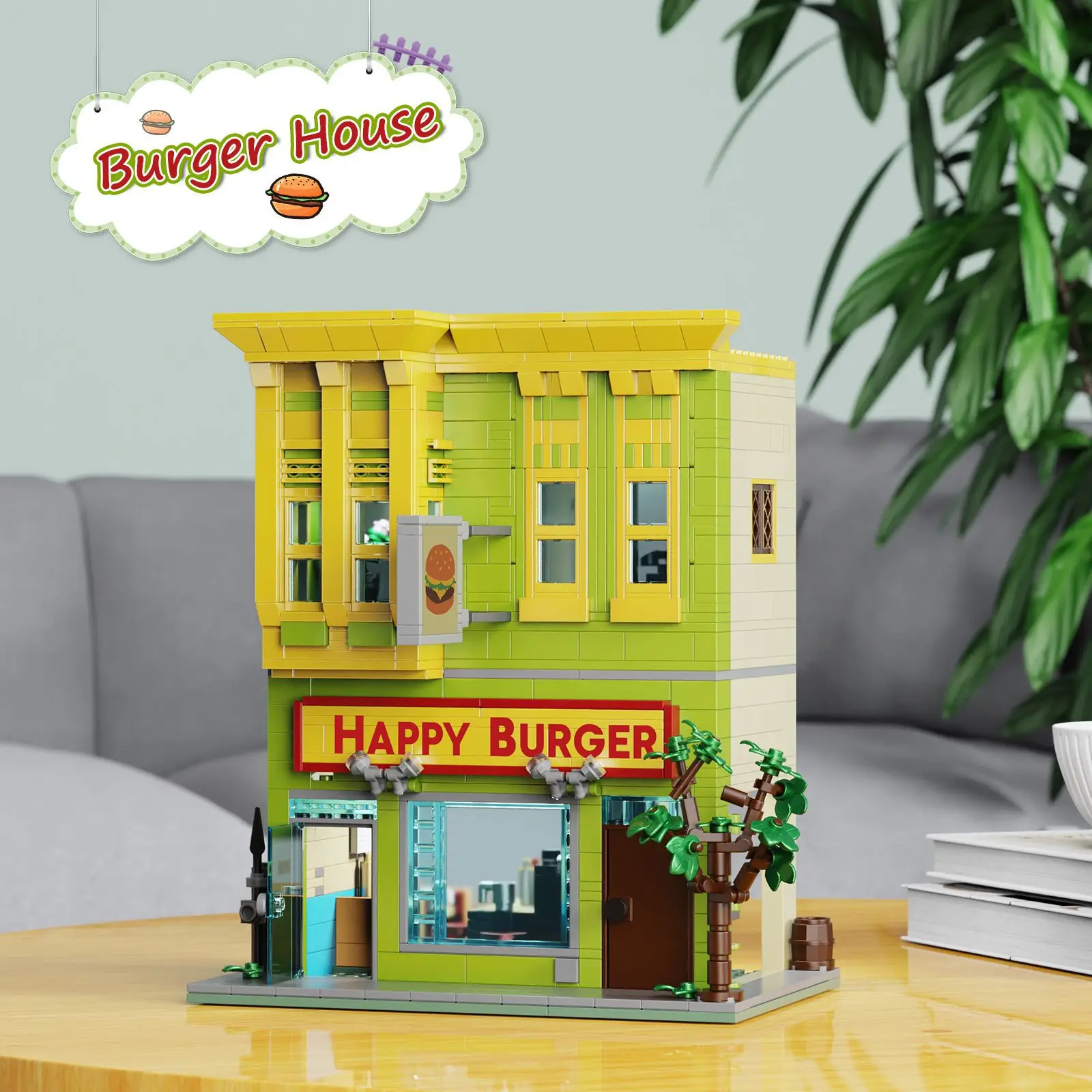 Moc animação vista de rua taverna restaurantes bloco de construção kit bob hambúrguer casa modelo diy crianças puzzle brinquedo presente aniversário 1018 pçs