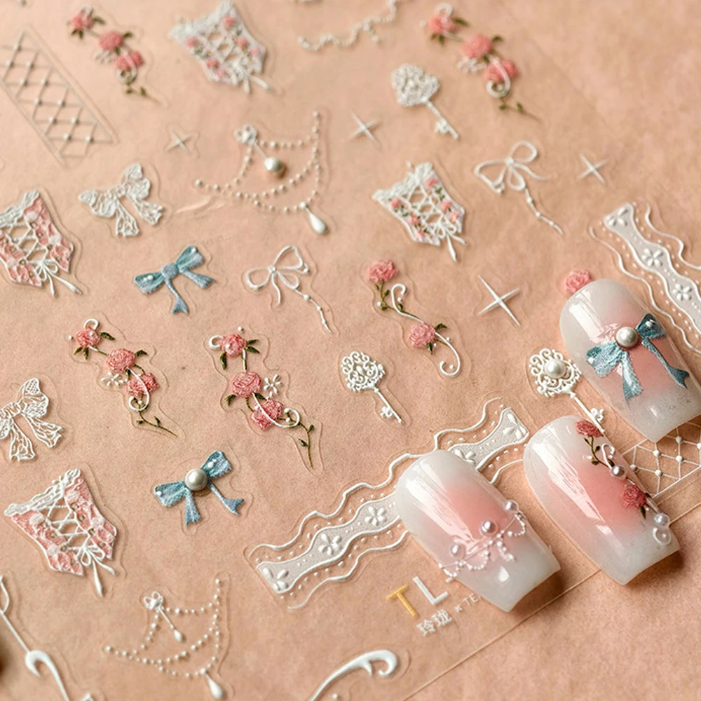 

Rose Flower Silk Ribbon Lace Bowknot Bow Pearl Bilateral Webbing Self Adhesive 5D Nail Art Sticker Soft Relief Manicure Deca DIY