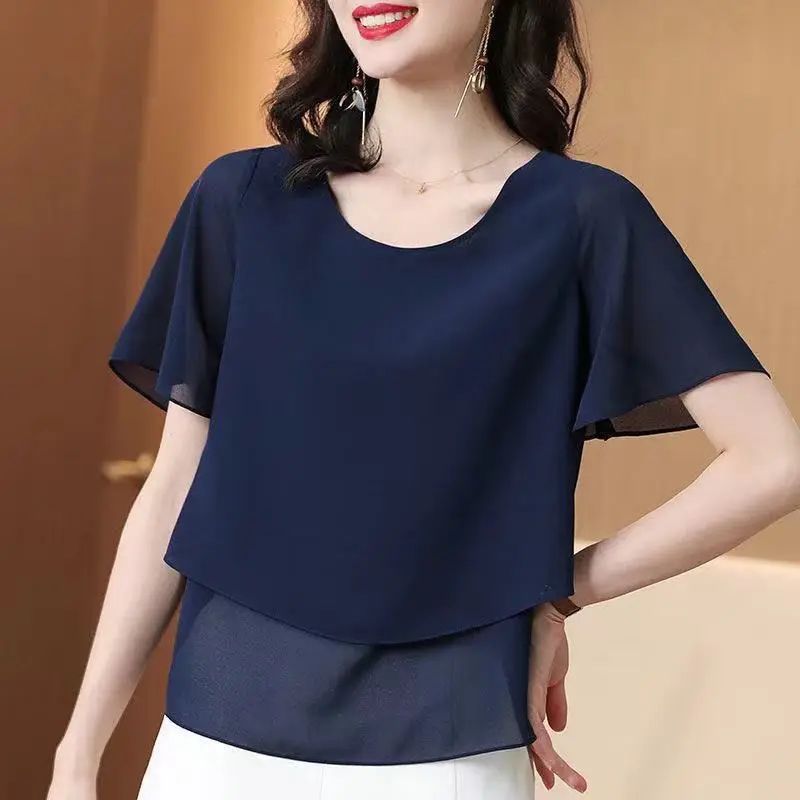 Women\'s Solid Color Short Sleeve Chiffon Shirt 2024 Summer Fashionable Commute Spliced Fake Two Pieces Loose Round Neck Blouses