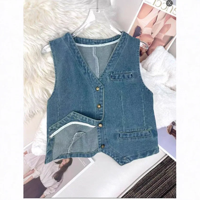 Denim V-neck Short Vest Jacket Women Spring Summer Fashionable Retro Versatile Sleeveless Top Autumn Slim Female Waistcoat