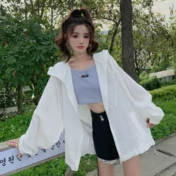 Lazy Wind Solid Color Female Hooded Mid Length Version Sunscreen Clothing Tops Coat Summer Thin Women Leisure Sunscreen Jacket