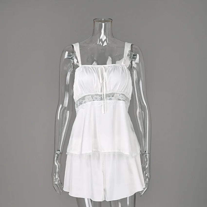 Women Satin Lace Patchwork 2 Piece Pajama Set Spaghetti Strap Bow Camisole Ruffle Shorts Soft Casual Sleepwear Lingerie Lounge