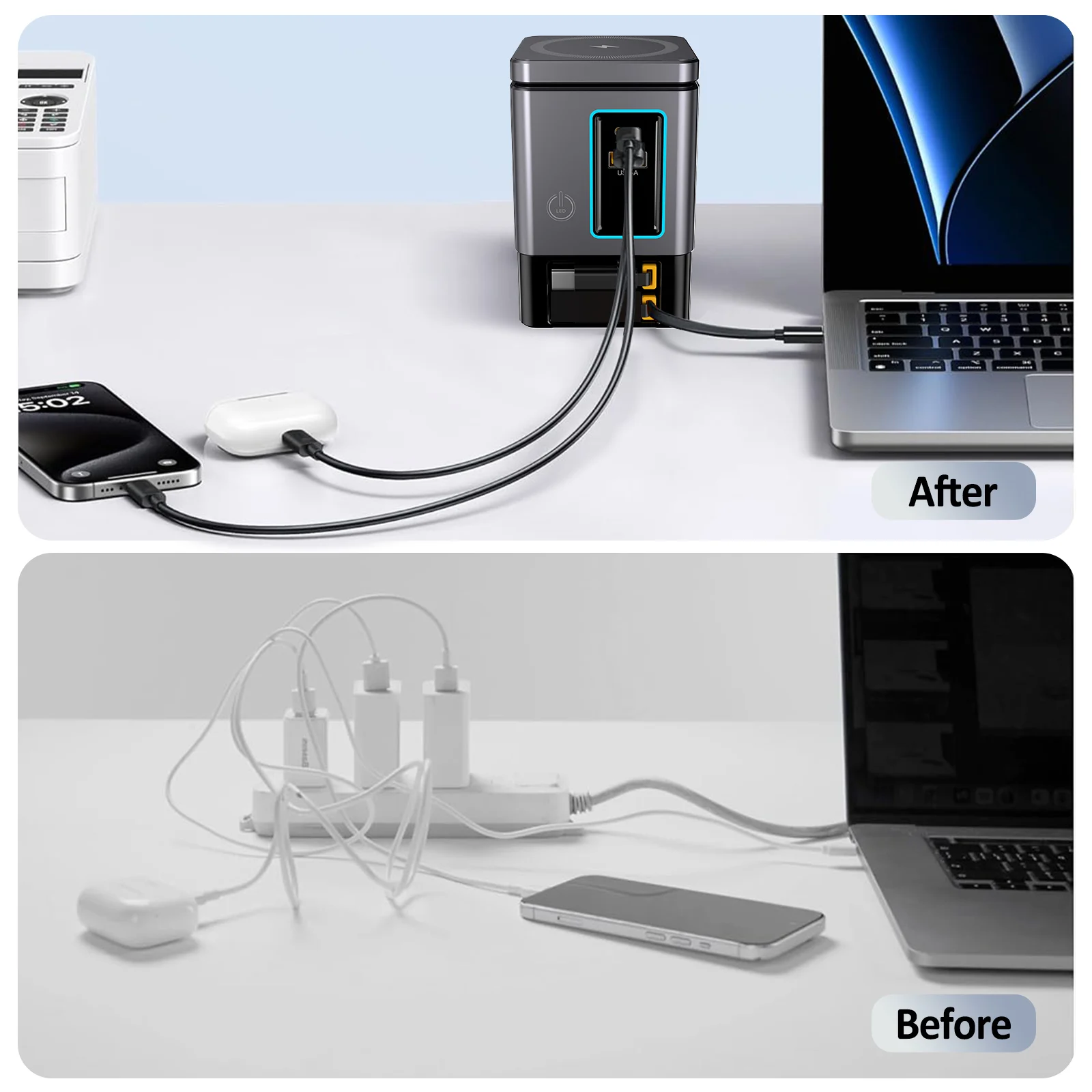 105W Charging Station With Retractable USB-C Cable Power Combo USB C Power Strip for Multiple Devices Wireless Charging 15W