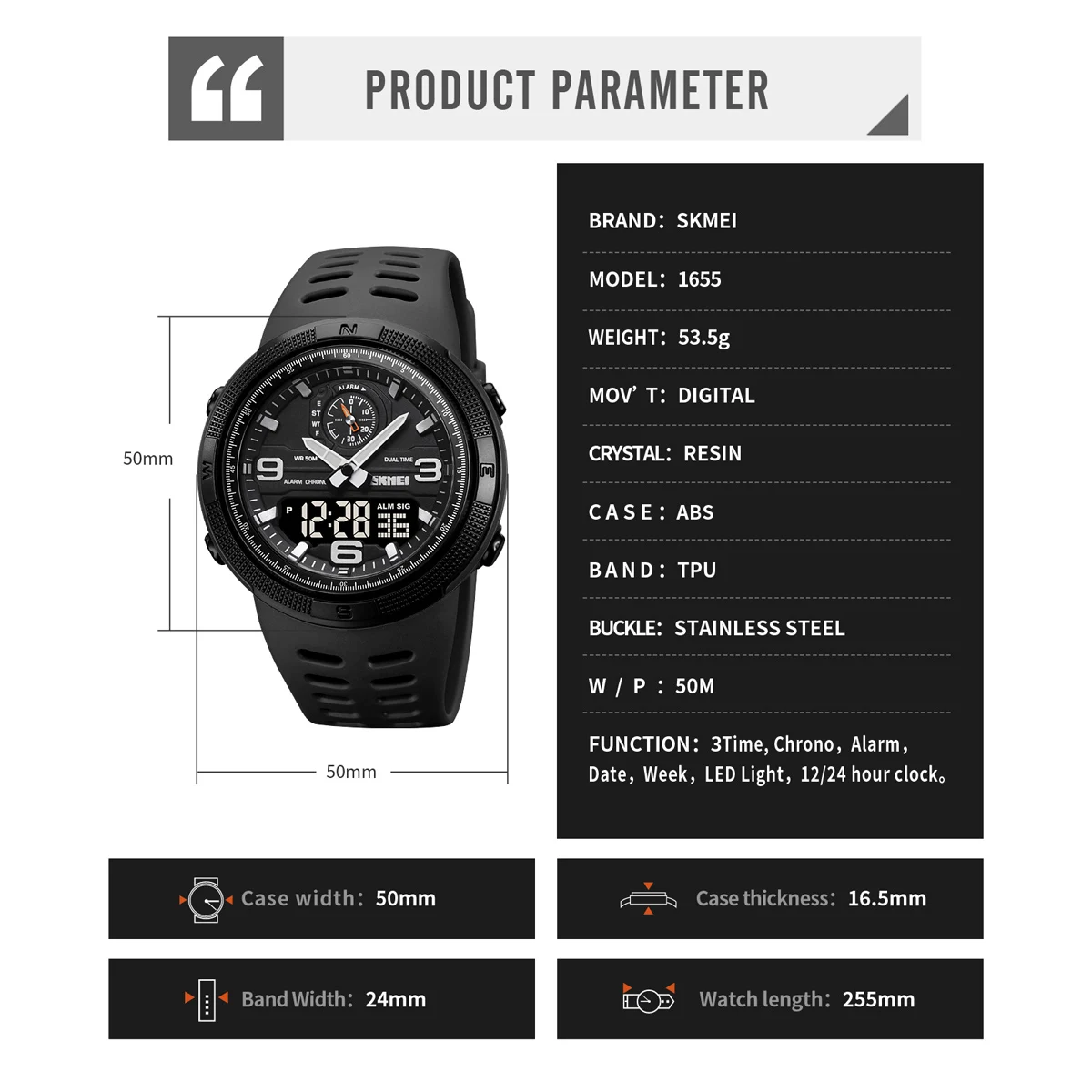 SKMEI Fashion Japan Digital Movement 3 Time Stopwatch Sports Wristwatch Male LED Light Watches Mens 5Bar Waterproof Alarm Clock
