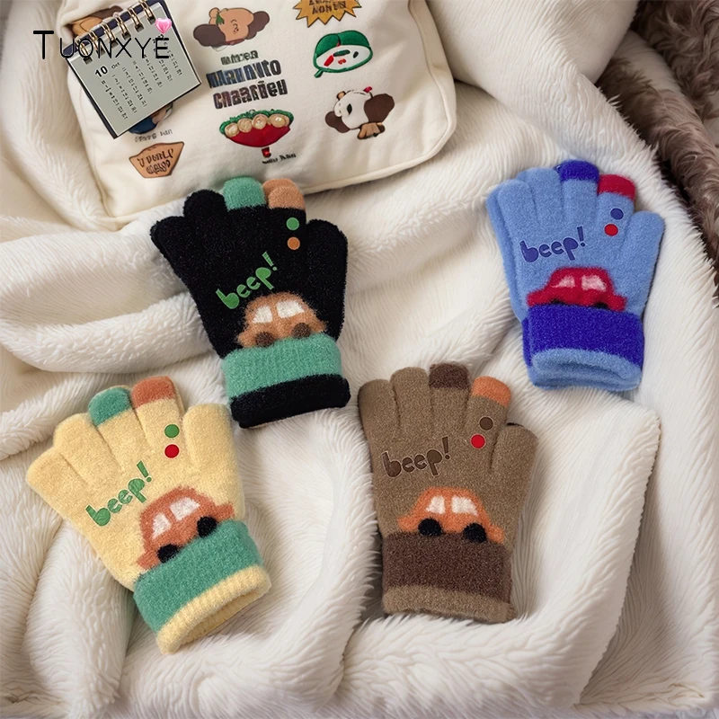 TUONXYE 2 Paar warme Winter-Kinder-Strickhandschuhe, Cartoon-Bagger, Jungen-Vollfinger-Handschuhe für 3–8 Jahre alte Kinder, Zubehör