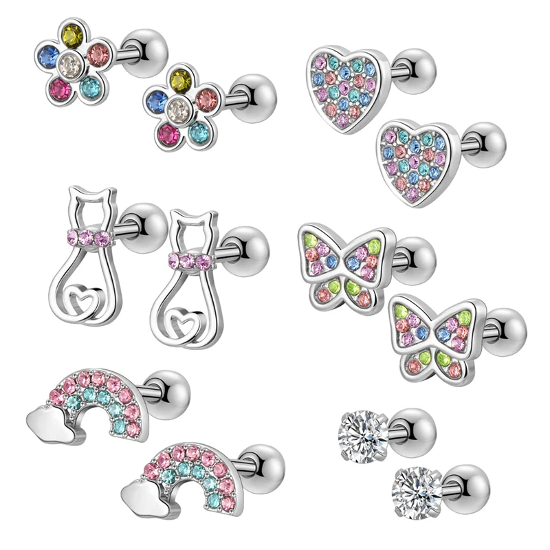 Boucles d'oreilles à vis en acier inoxydable SION L pour femme, 6 paires, serties de pierres carrées brillantes, peuvent être utilisées comme cadeaux d'anniversaire et de Noël