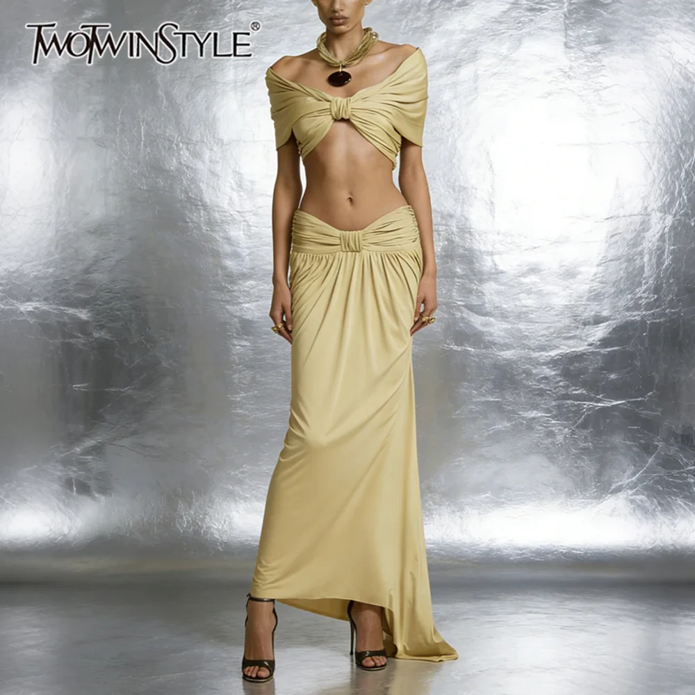 

TWOTWINSTYLE Retro Parties Yellow Two Piece Set for Women Short Sleeve Off The Shoulder Crop Top Maxi Skirt for Beach Getaways