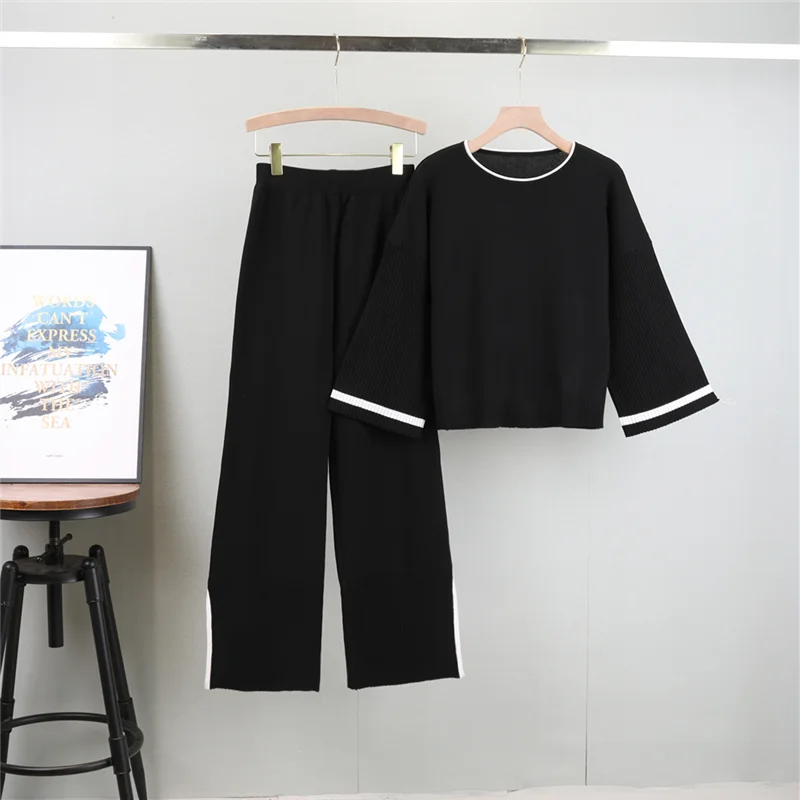 Women Loose Pullovers Pant Set Casual Sweater Suits Knitted Loose Elegance Long Sleeve Tops Autumn Winter Elastic