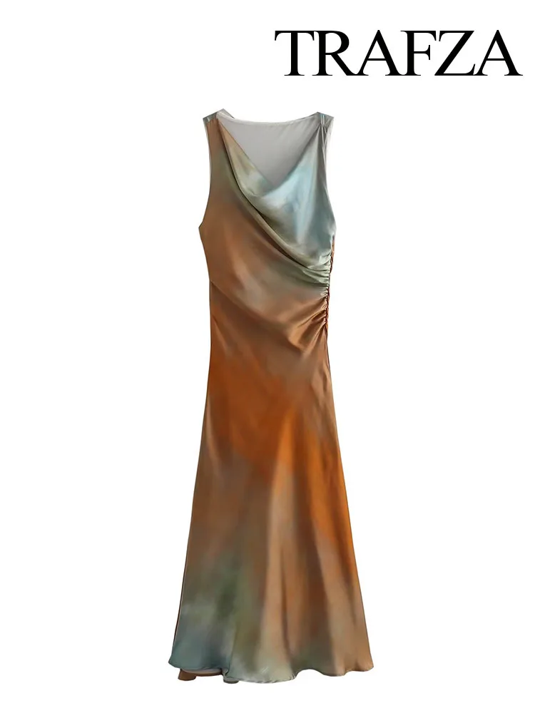 TRAFZA Women Fashion Satin Tie Dye Sleeveless Slim Midi Dress Woman Summer Folds Side Zipper Design Party Evening Dresses Mujer