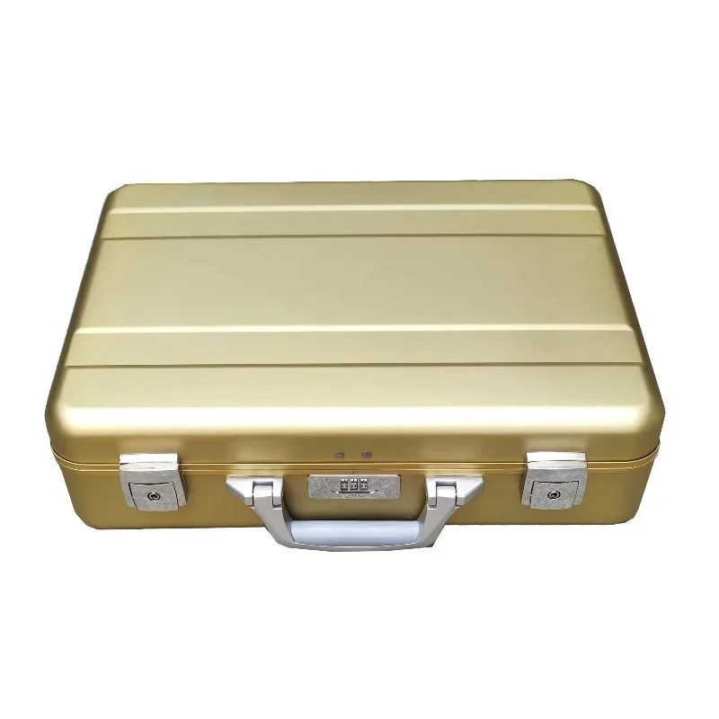 Gold aluminum alloy briefcase portable metal storage box compartment characteristic leather plastic