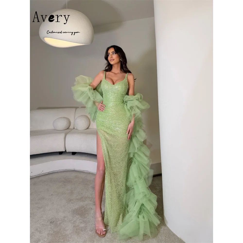 

Avery Custom Green Fishtail Side Slit Thin Shoulder Straps Evening Dresses Woman Elegant Long Party Dresses for Luxury Party