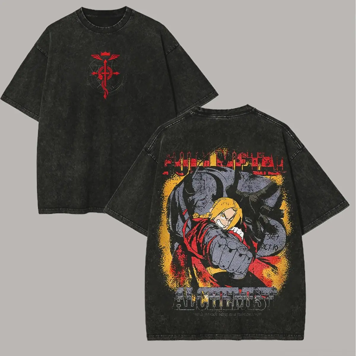 Fullmetal Alchemist Elric Brothers Dual Sided Washed T-shirt Transmutation Circle Print Oversized Cotton Tee for Otaku Fans