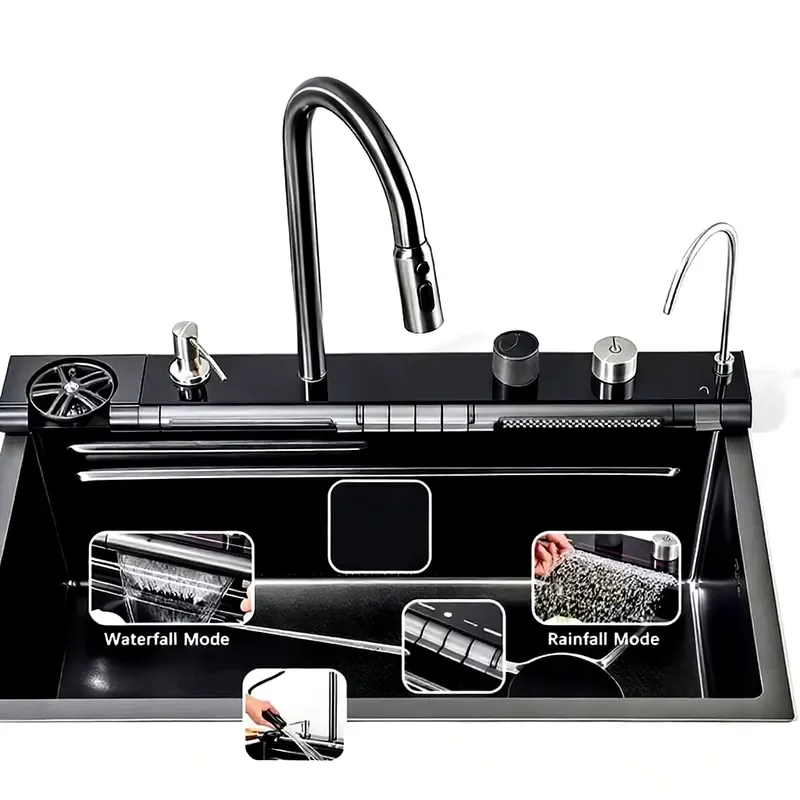 for  304 201 Stainless Steel Kitchen Sink LED Waterfall Multifunctional Handmade Single Bowl with Faucet