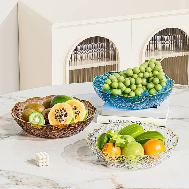 

Luxury Gold Edge Diamond Pattern Fruit Tray High Aesthetic Plastic Home Use Snack Candy Tray for Living Room Tea Table