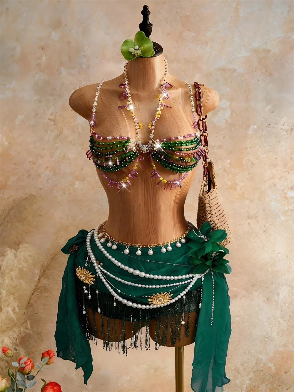 

European And American Women’S Green Beaded Heavy Handcrafted Tassel Halter Design Exotic Vacation Style Sexy Body Chain
