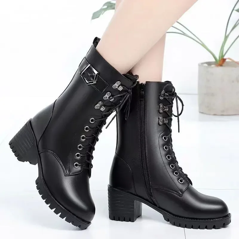 Cross-lace Up Fashion Platform Shoes for Women 2023 New Cold-proof and Warm Winter Women\'s Boots Short Plush Black Zipper Boots