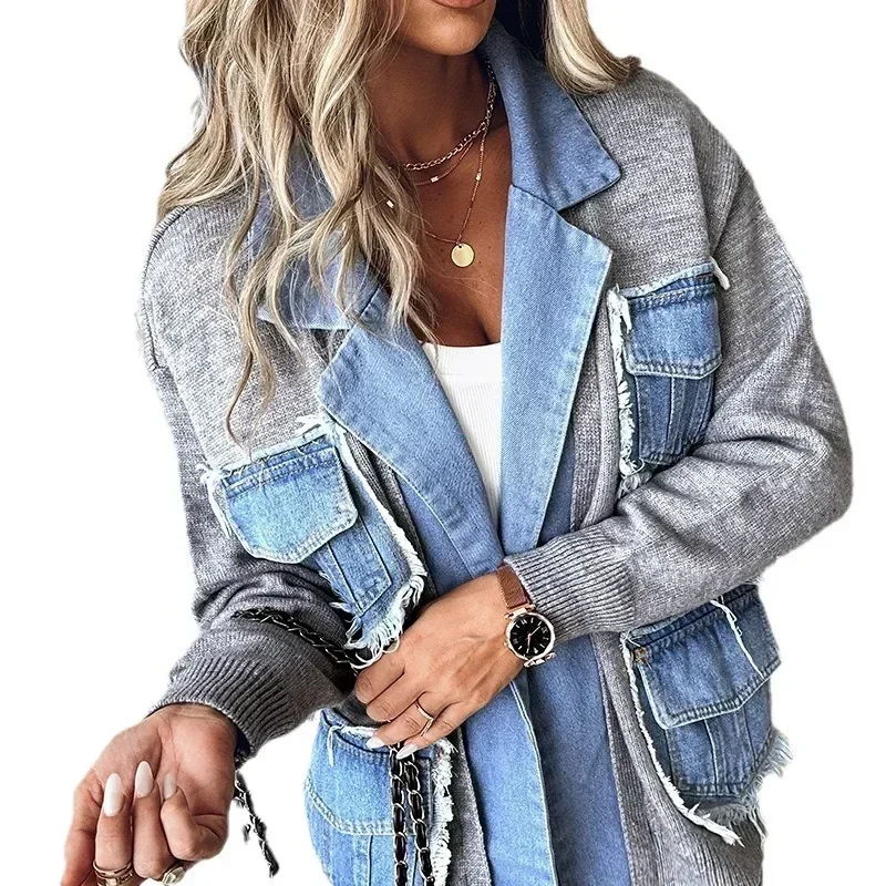 Raw Hem Cardigan Women Sweaters Patchwork Notched Collar Knitted Denim Jackets Jumpers Pockets Thick Coats Autumn Winter Outwear