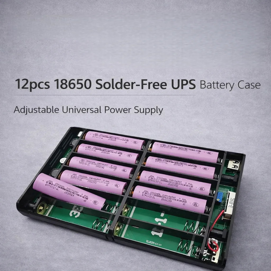 12-Cell 18650 UPS Battery Box, Adjustable 9–24V DC Backup Power for Router Modem Camera, Not a Power Bank No Batteries Included
