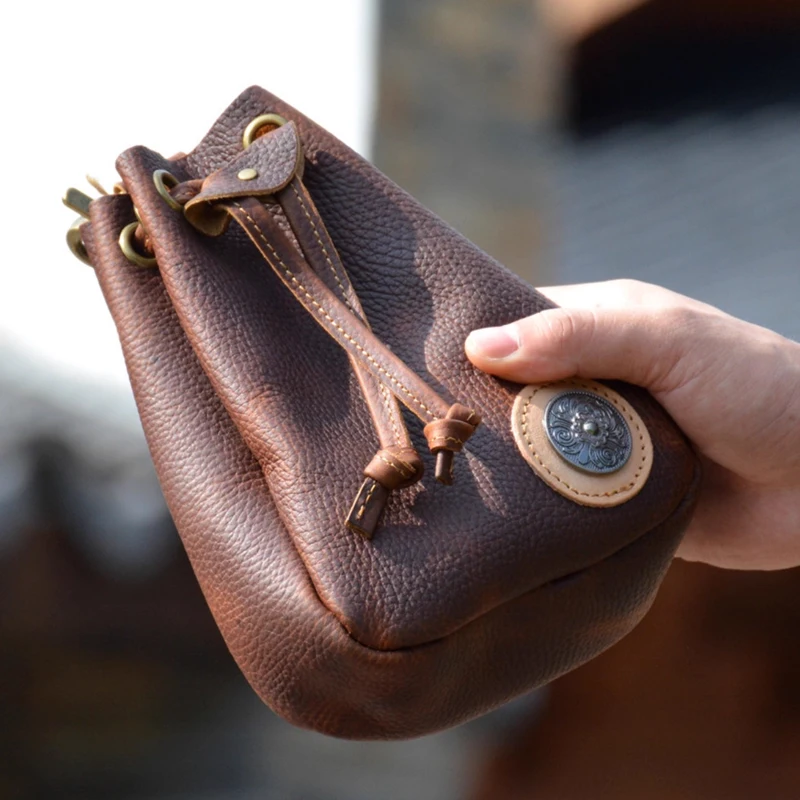 Outdoor Portable EDC Retro Top Cowhide Drawstring Men's Waist Bag