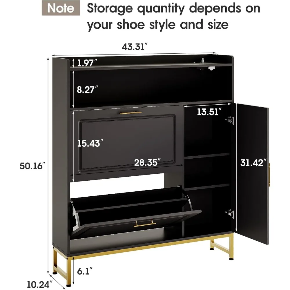 Shoe Storage Cabinet with 2 Flip Drawers & Side Cabinet Shoe Rack Organizer with LED Light and Charging Station Shoes Cabinet