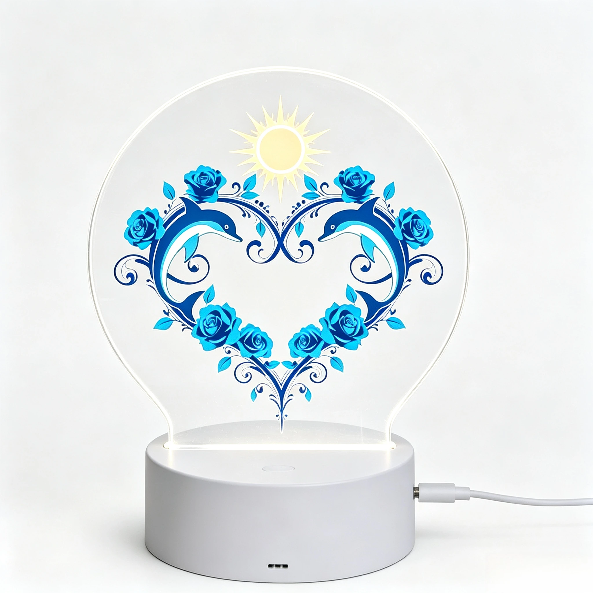 Dolphin & Blue Rose Heart‑Shape Acrylic Night Light, LED Bedside Lamp Ocean Love Home Decor Gift