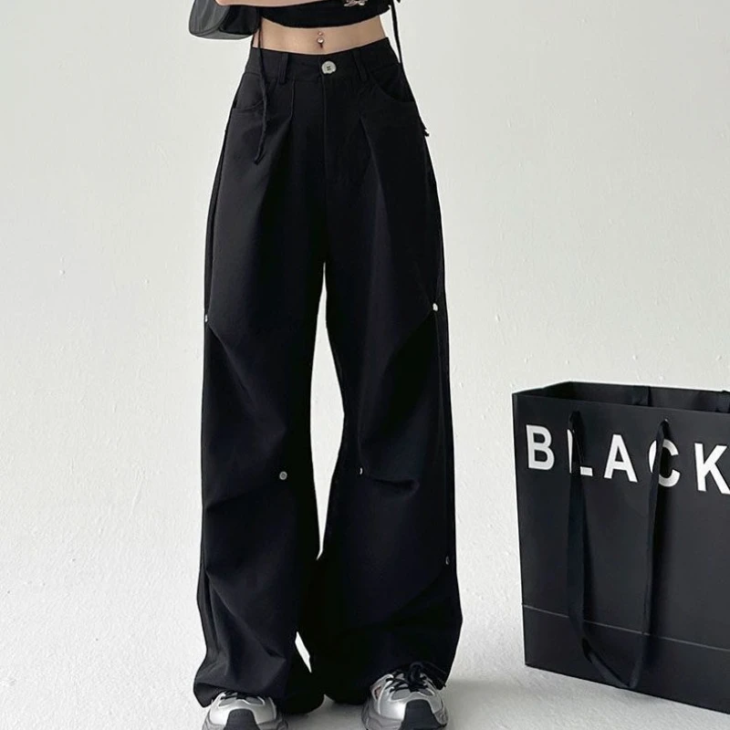 

Black Cargo Pants Women Baggy Vintage Wide Leg Pleated Trousers Female Y2k Casual Chic Straight Korean Streetwear Loose Pants