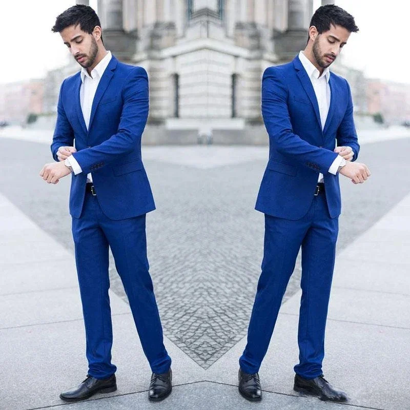 2024 Elegant Blazer Suits for Men Wedding Blue Single Breasted Notched Lapel Casual Clothing 2 Piece (Jacket+Pants) Masculino