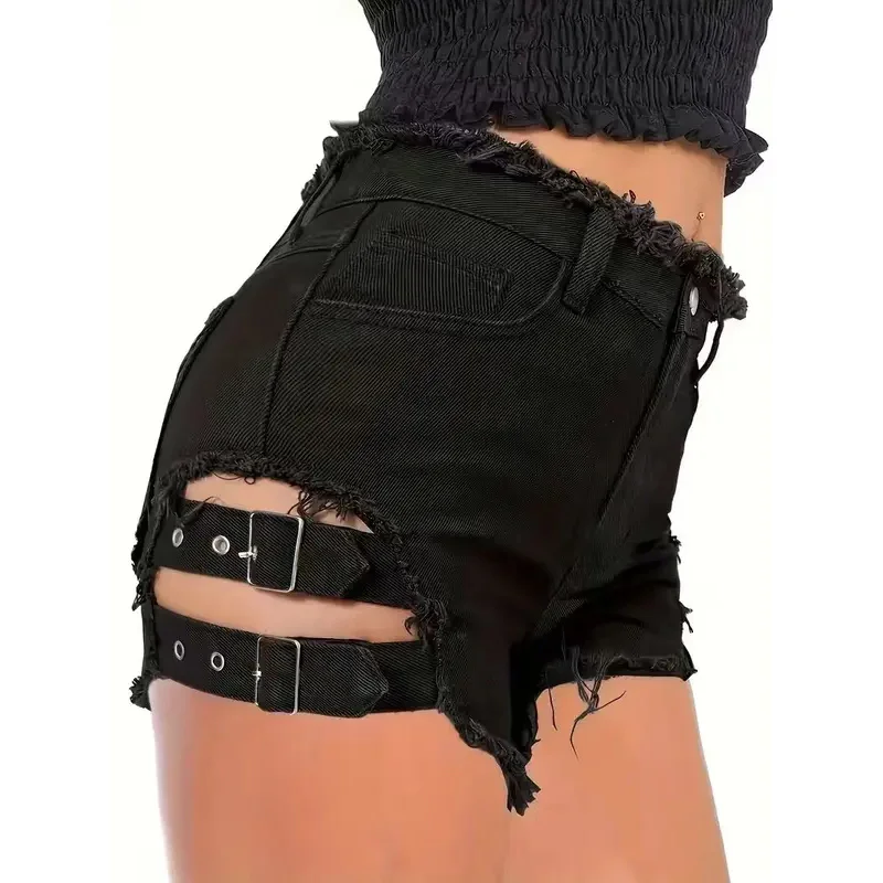 

Женские черные джинсовые шорты с низкой посадкой, с рваным краем, регулируемыми ремешками на пряжках, вырезами, сексуальные клубные мини-шорты для вечеринок