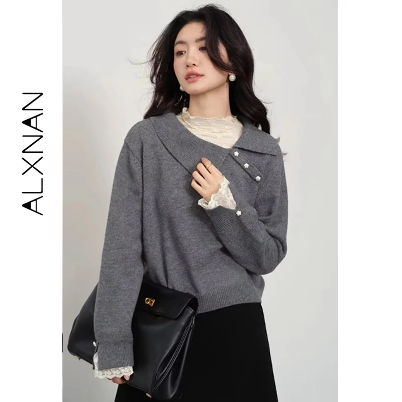 ALXNAN Grey Sweaters Lace Patchwork Slant Collar Buttons Loose-fit Short Pullovers Elastic Hem Romantic Women's Clothing L57319