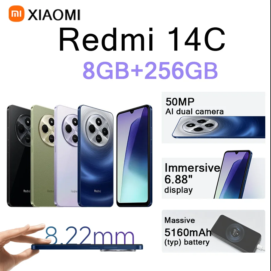 

Redmi 14C 6.88" 120Hz Display, 8GB+256GB, 50MP+13MP Dual Cam, 5160mAh Battery, Type-C, 4G EU/US Version Smartphone