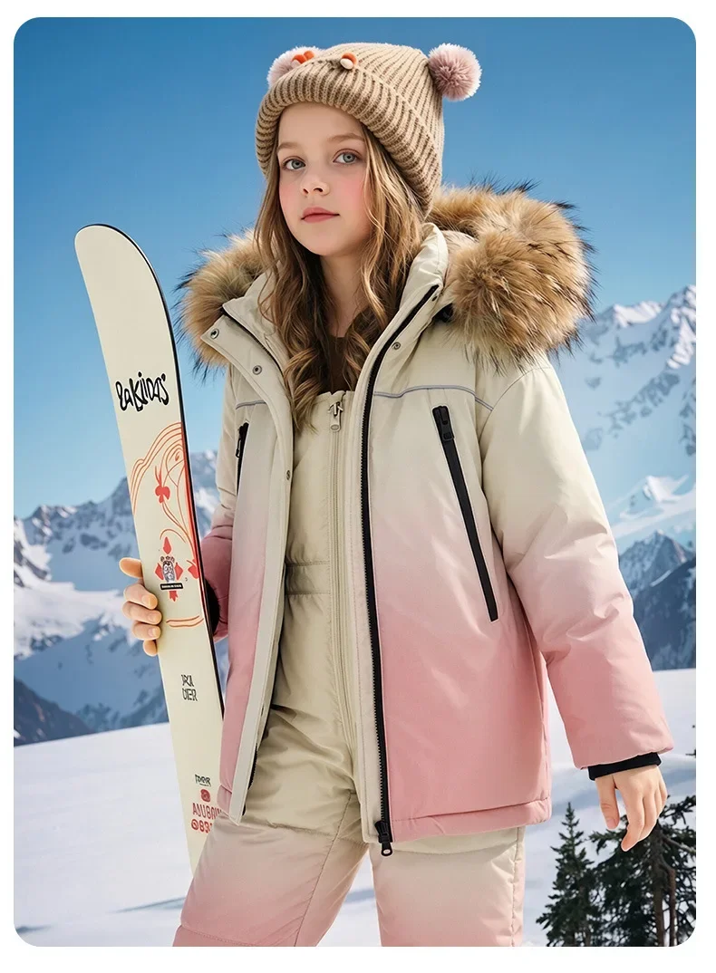 OLEKID 2026 Winter Girls Overalls Down Jacket Waterproof Real Fur Baby Girls Snowsuit 1-5 Years Kids Girl Coat Infant Jumpsuit