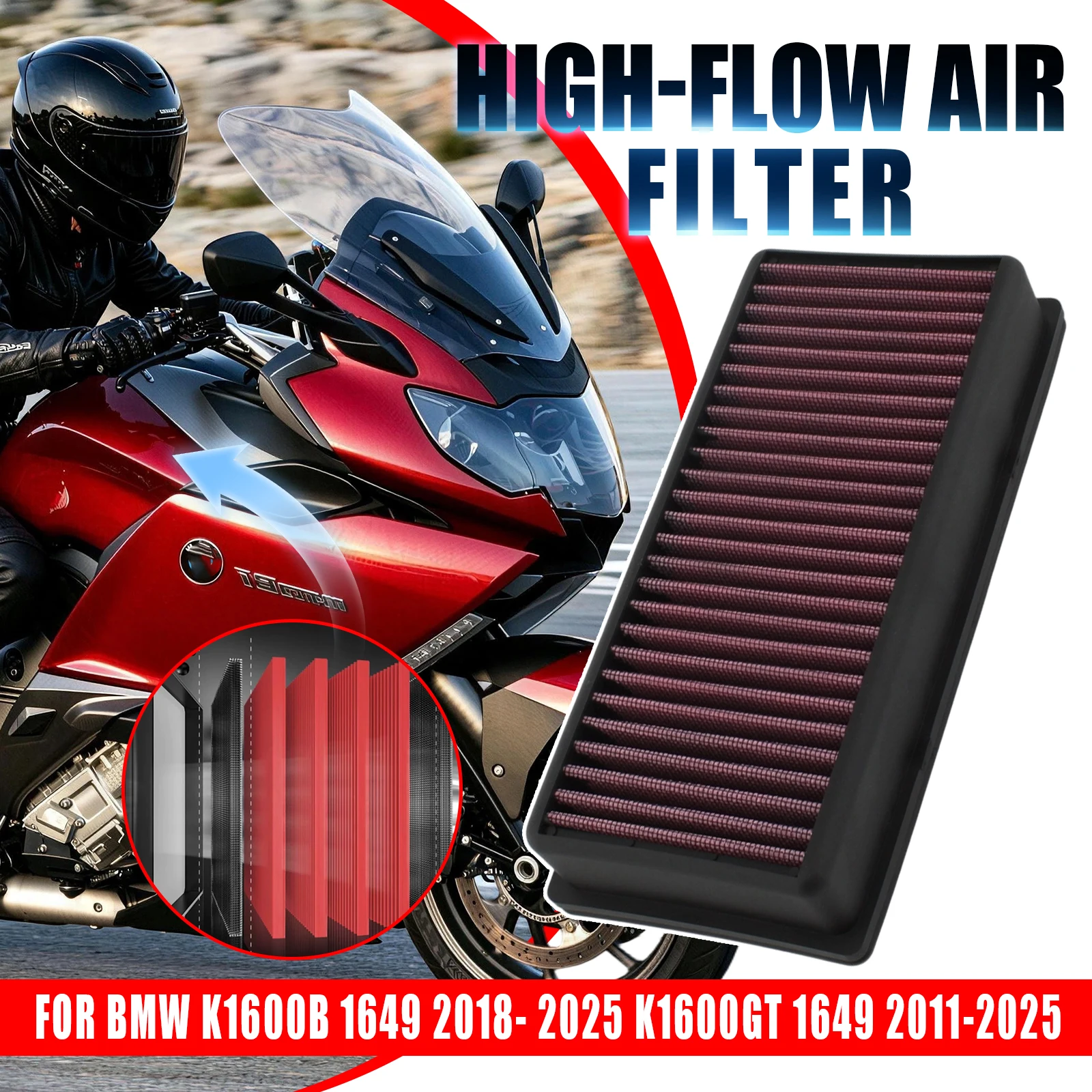Motorcycle High Flow Air Filter Intake Cleaner Replacement For BMW K1600 2022-2025 K1600B 2018-2025 K1600GT GTL 2011-2025