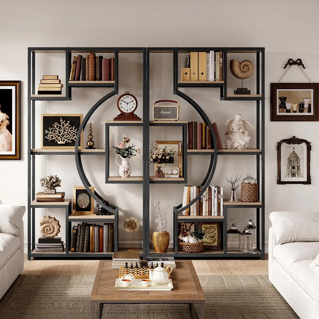 Industrial 5-Tier Bookshelf with Storage, 70.9 Inch Metal Shelf for Living Room Office Bedroom, Set of 2, Greige, Customized