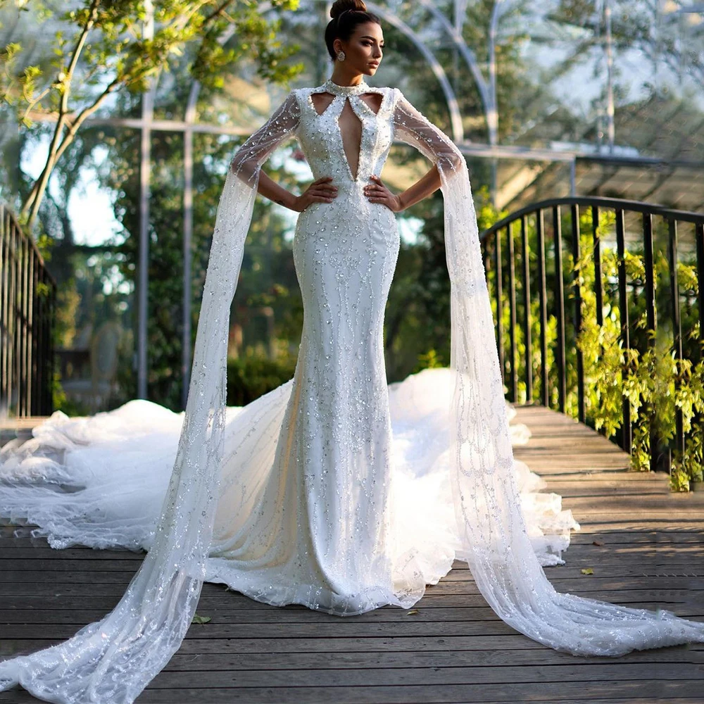 

Luxury Beading Lace Mermaid Wedding Dress High Neck Floor Length Illusion Long Sleeves with Sweep Train Tulle Bridal Gowns