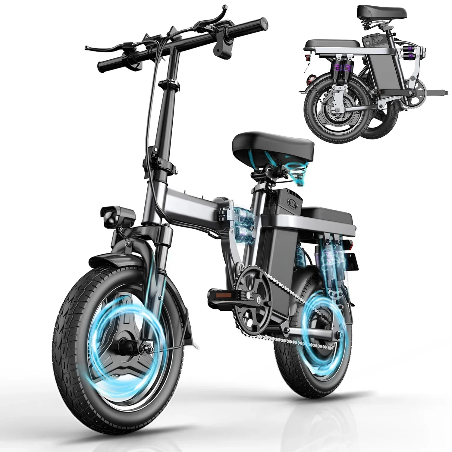 G-Force AE Adult Folding Mini Electric Bicycle, Peak 600W, With 5 Suspensions, 48V/15AH 40 Miles Daily Commuting Ebike