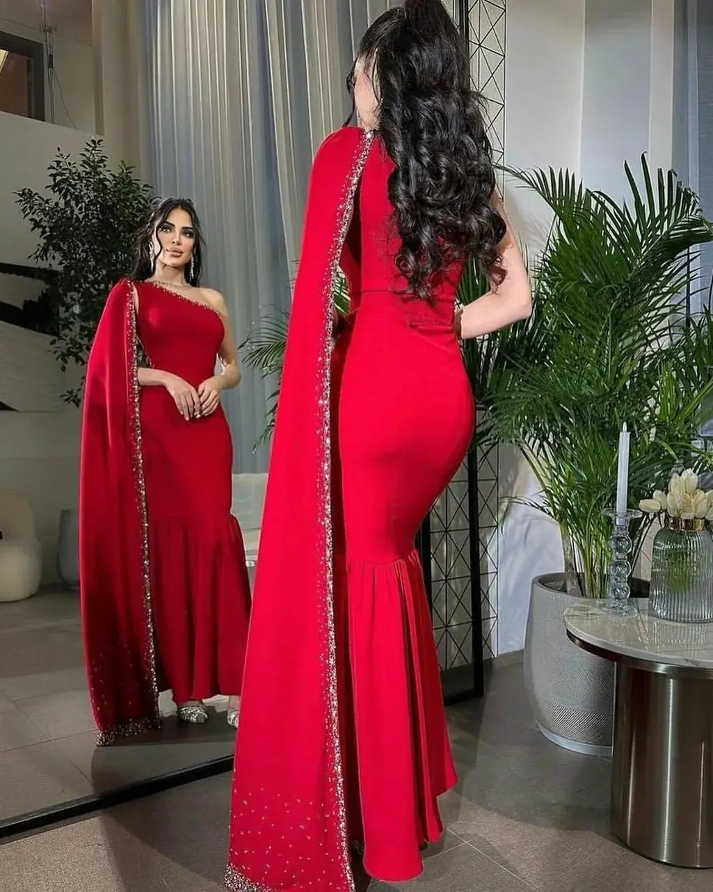 Gaun Prom satu bahu bor panas dengan gaun flare lengan Vestidos De Noche ritsleting belakang panjang gaun Formal malam putri duyung