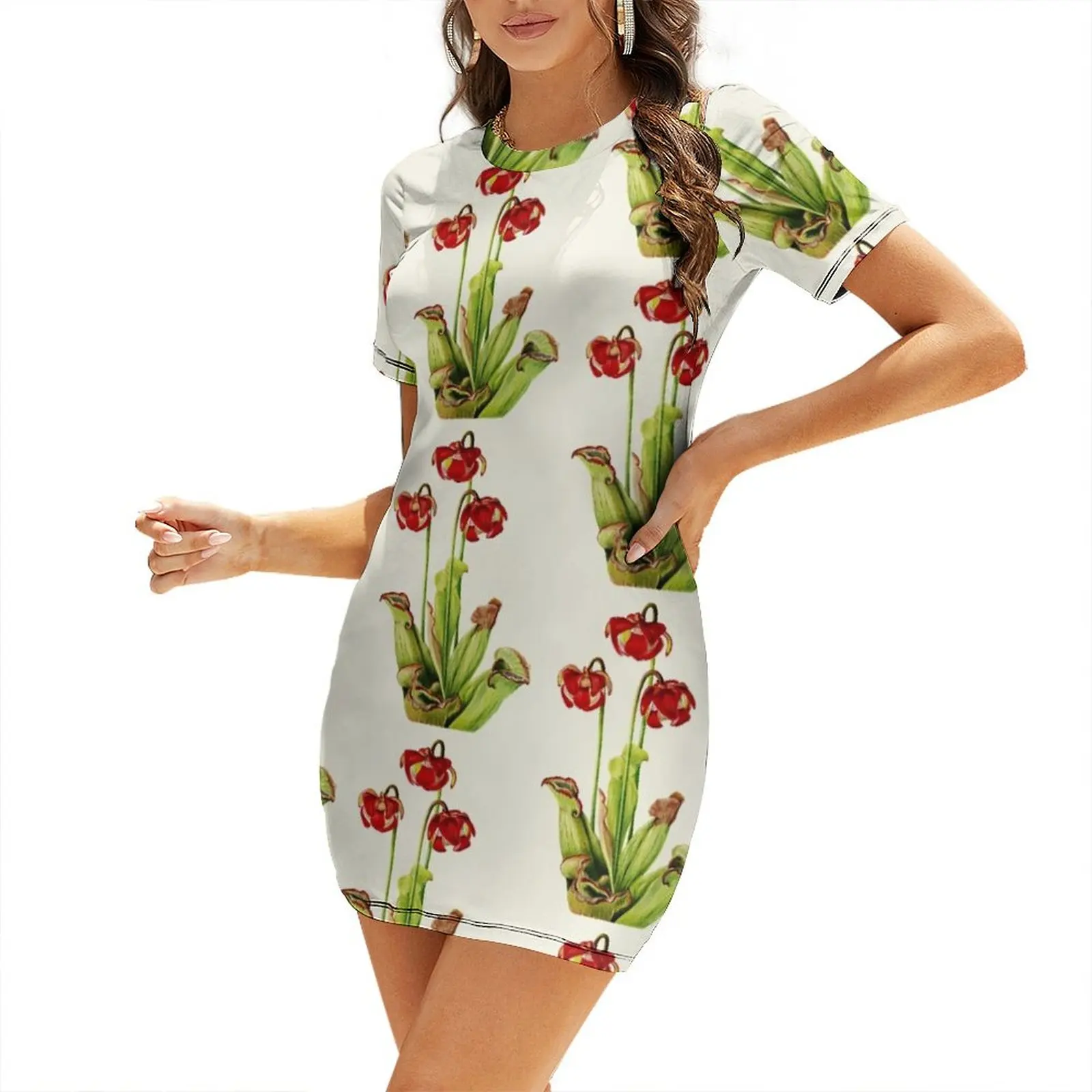 Vestido de manga corta con ilustración botánica de Sarracenia Purpurea (Purple Pitcherplant - Walcott) - Vestidos de lujo para mujer