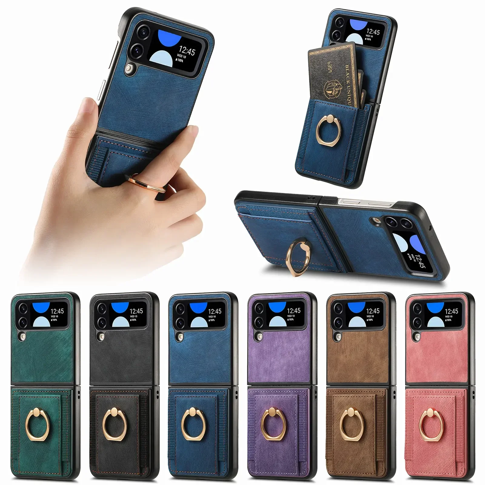 Ring Holder Cards Solt Leather Wallet Case for Samsung Galaxy Z Flip 6 5 4 5G Flip4 Flip5 Bag Magnetic Purse Stand Phone Cover